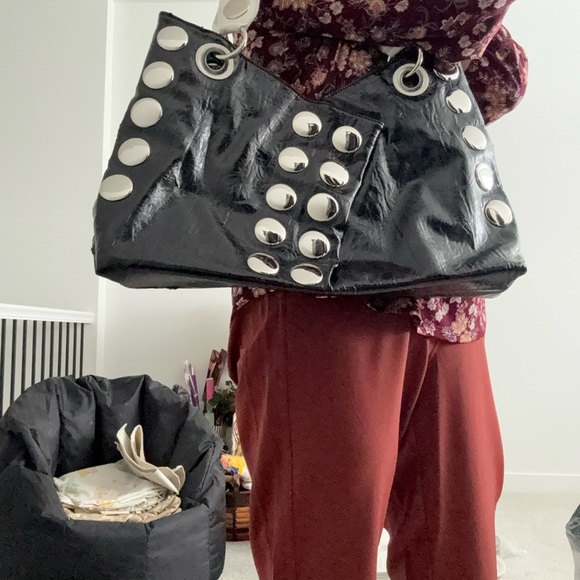 Glossy Black and Silver Studded Shoulder Bag - Picture 13 of 16